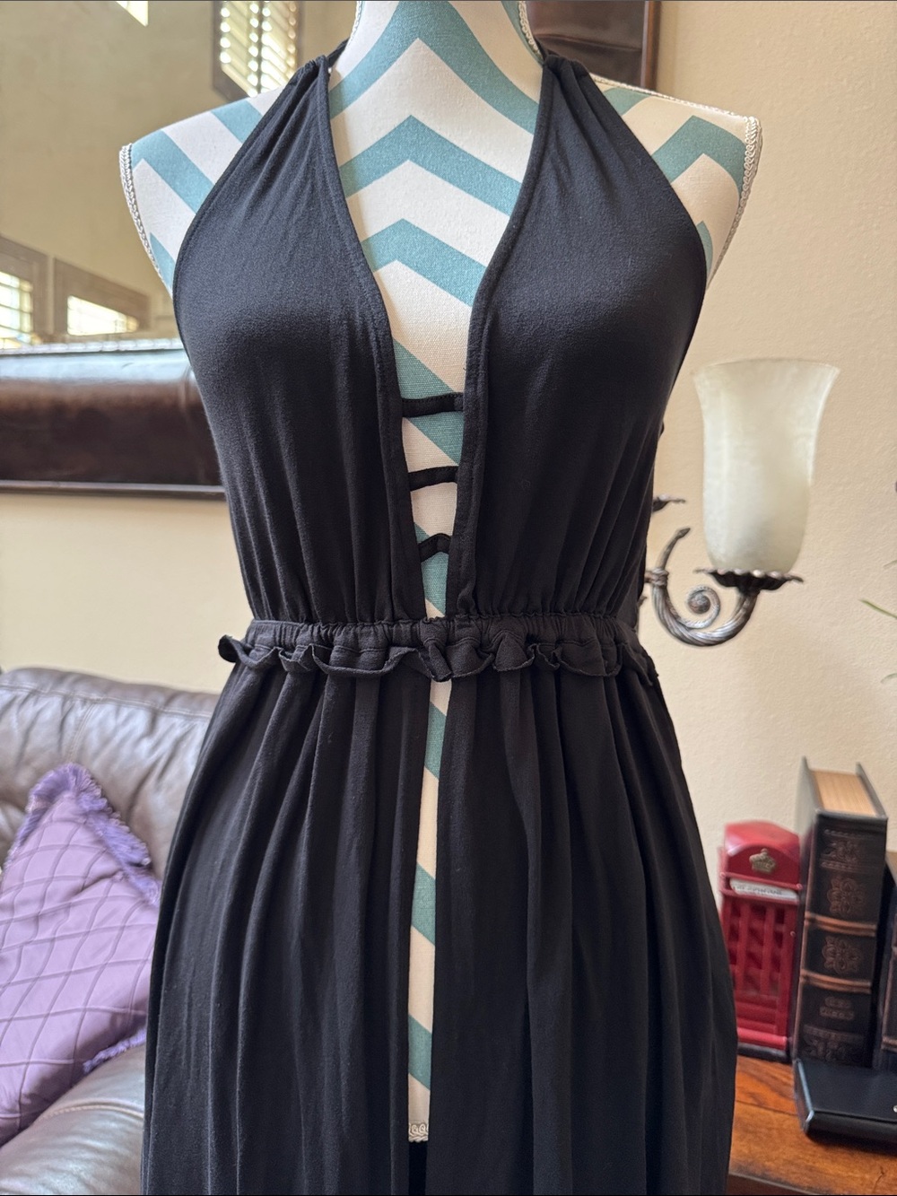 “Sun & Shadow” Black Halter Swimsuit Coverup Maxi with Plunge Neck